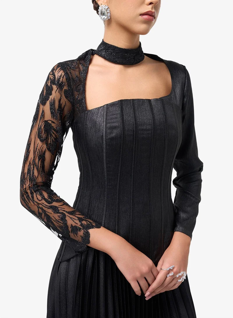 Threadz by Ajooni  Lace Detail Plisse Midi Dress for Women | Best Price UAE